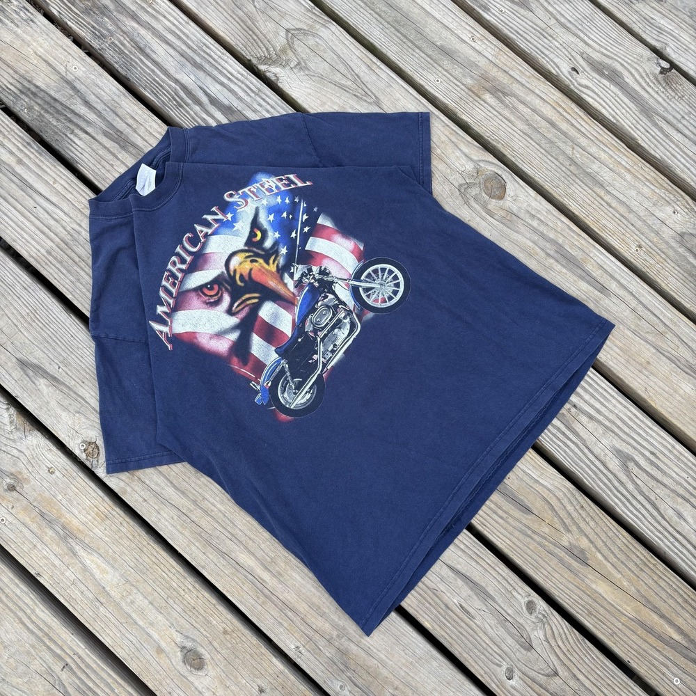 BBS Shirt Mens Large Blue American Steel Eagle Flag Motorcycle Graphic Tee